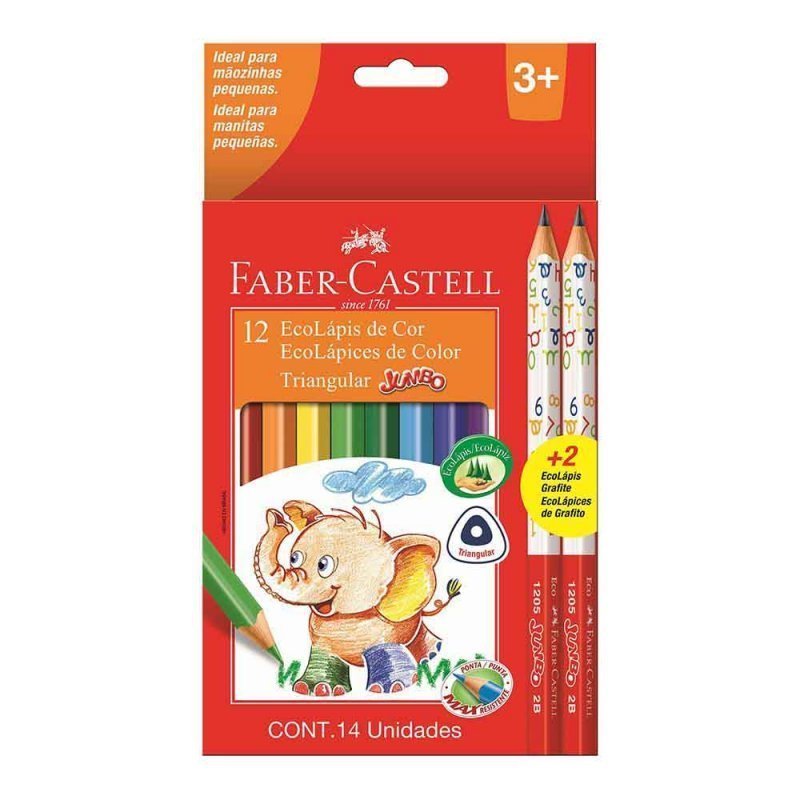 LÁPIS DE COR 12 CORES JUMBO TRIANGULAR + APONTADOR - FABER CASTELL - 125012+2 Lojas Encopel