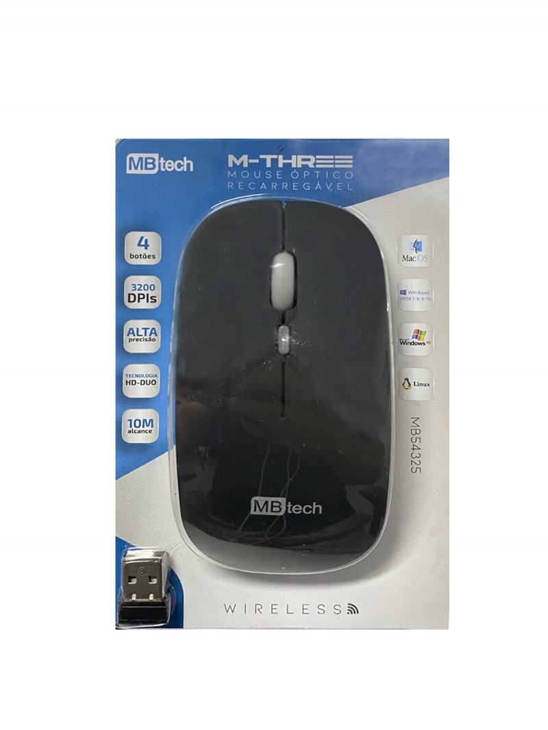 MOUSE OPTICO SEM FIO RECARREGAVEL - MBTECH - MB54325 Lojas Encopel