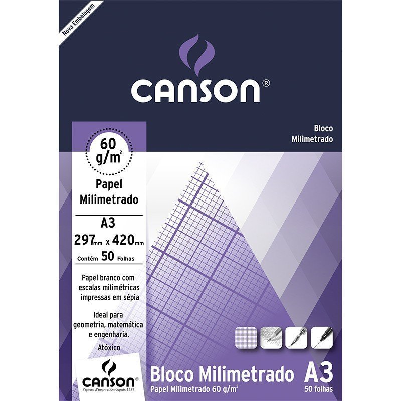 BLOCO DE PAPEL MILIMETRADO A3 60G/M² BRANCO COM 50 FOLHAS - CANSON - 6667084 Lojas Encopel