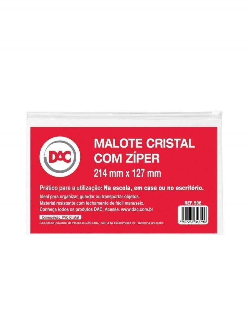 MALOTE COM ZÍPER TRANSPARENTE 214X127 PACOTE COM 5UN - DAC - 998 Lojas Encopel