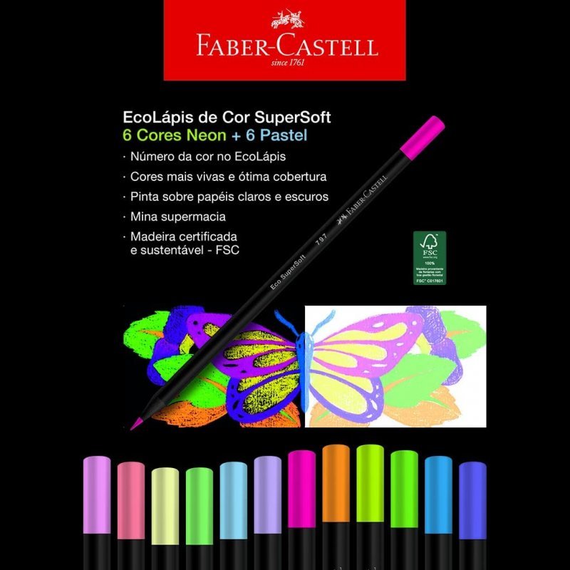 LÁPIS DE COR SUPERSOFT 12 CORES (6 NEON + 6PASTEL) - FABER-CASTELL - 120712SOFTN Lojas Encopel