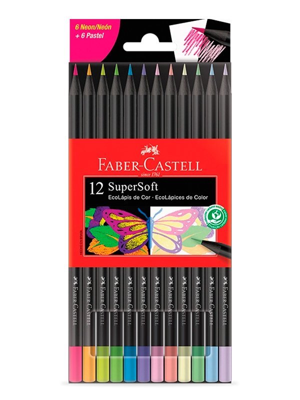 LÁPIS DE COR SUPERSOFT 12 CORES (6 NEON + 6PASTEL) - FABER-CASTELL - 120712SOFTN Lojas Encopel