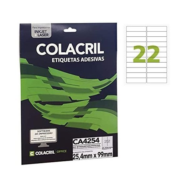 ETIQUETA ADESIVA A4 25,4MM X 99MM 22 ETIQ. P/FOLHA PACOTE COM 25 FOLHAS - COLACR Lojas Encopel