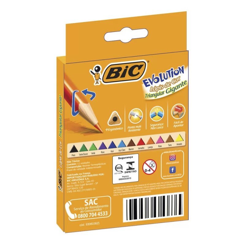 LÁPIS DE COR TRIANGULAR 12 CORES GIGANTE - BIC - 891853 Lojas Encopel