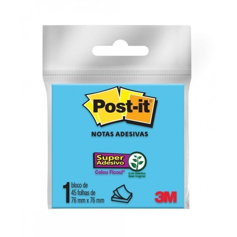 BLOCO ADESIVO POST IT 76MM X 76MM AZUL NEON COM 45 FOLHAS - 3M Lojas Encopel