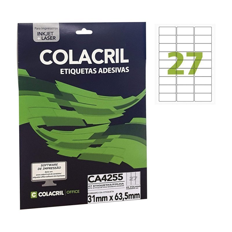 ETIQUETA ADESIVA A4 31MM X 63,5MM 27 ETIQ. P/FOLHA PACOTE COM 25 FOLHAS - COLACR Lojas Encopel