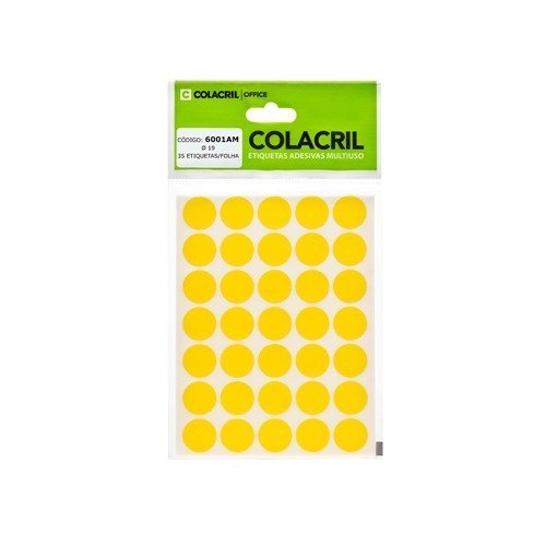 ETIQUETA ADESIVA MULTIUSO REDONDA 19MM AMARELO - COLACRIL - 6001AM Lojas Encopel