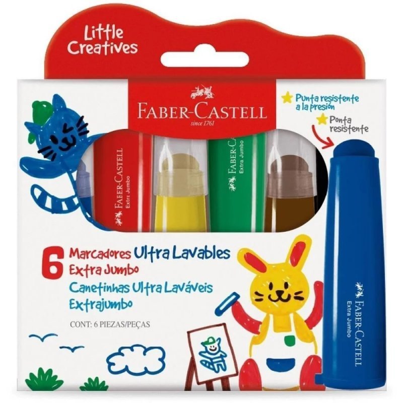 CANETA HIDROGRÁFICA EXTRAJUMBO 6 CORES LITTLE CREATIVES - FABER CASTELL Lojas Encopel