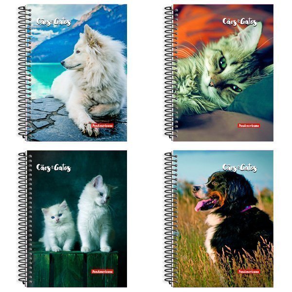 CADERNO BROCHURA 1/4 CAPA DURA CÃES E GATOS 96 FOLHAS - PACOTE COM 5 CADERNOS -  Lojas Encopel