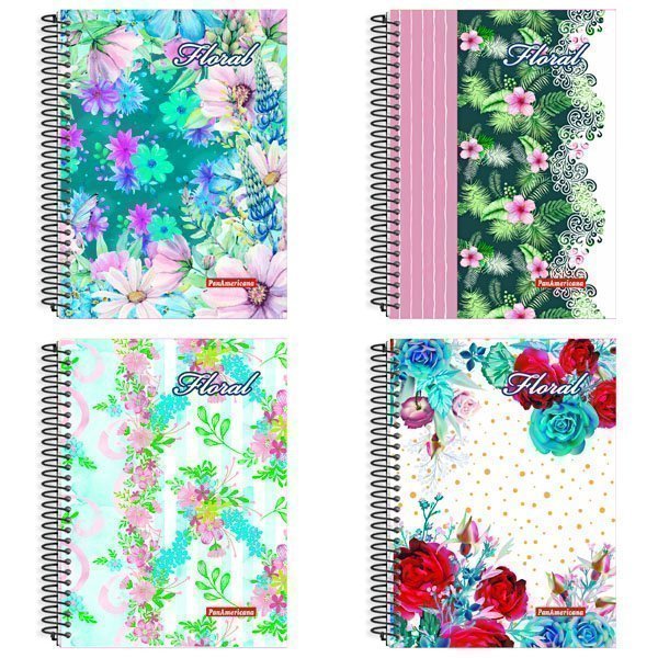 CADERNO ESPIRAL UNIVERSITÁRIO FLORAL 80 FOLHAS - PACOTE COM 5 CADERNOS - PANAMER Lojas Encopel