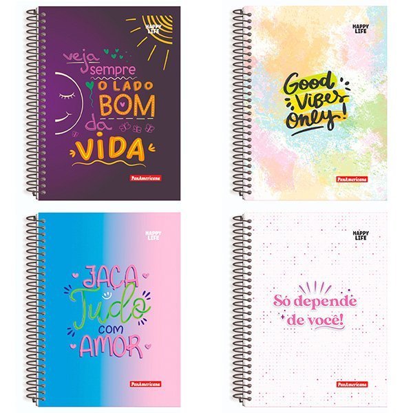 CADERNO ESPIRAL UNIVERSITÁRIO HAPPY LIFE 10 MATÉRIAS 160 FOLHAS -PACOTE COM 3 UN Lojas Encopel