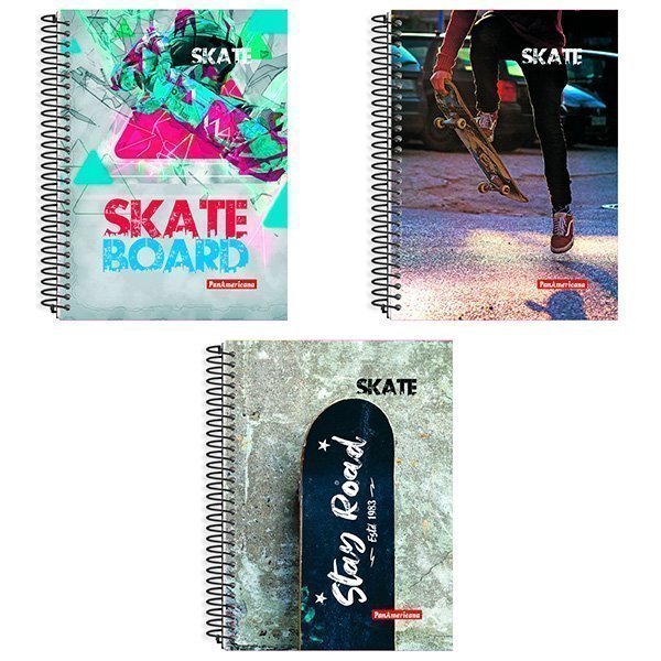 CADERNO UNIVERSITÁRIO SKATE 12 MATÉRIAS 168 FOLHAS - PACOTE COM 3 CADERNOS - PAN Lojas Encopel