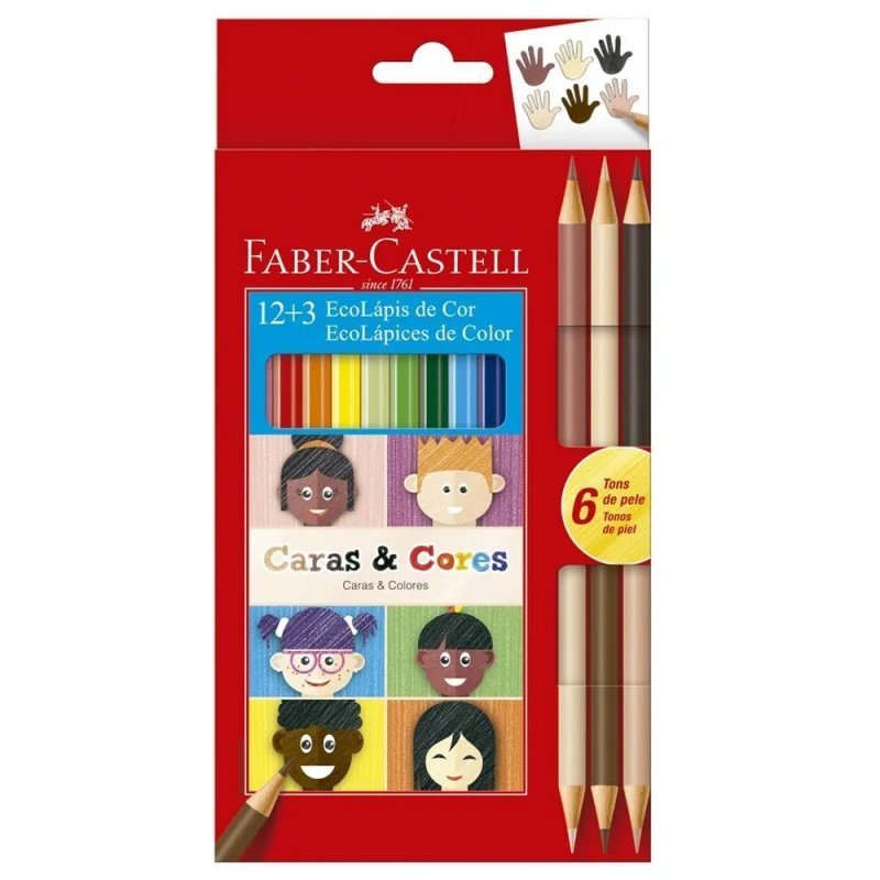 LÁPIS DE COR 12 CORES + 6 TONS DE PELE CARAS E CORES - FABER CASTELL Lojas Encopel