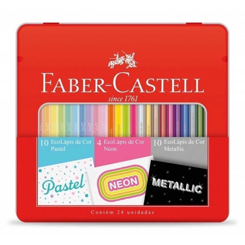 LÁPIS DE COR 24 CORES PASTEL / NEON / METALICO + ESTOJO METÁLICO - FABER CASTELL Lojas Encopel