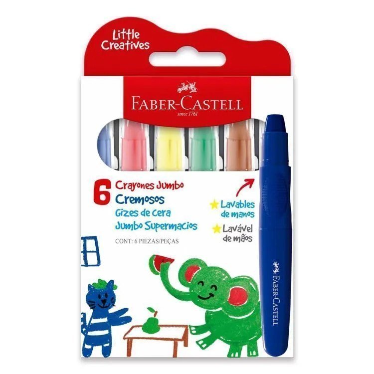 GIZ DE CERA JUMBO 06 CORES RETRATIL LITTLE CREATIVES - FABER CASTELL Lojas Encopel