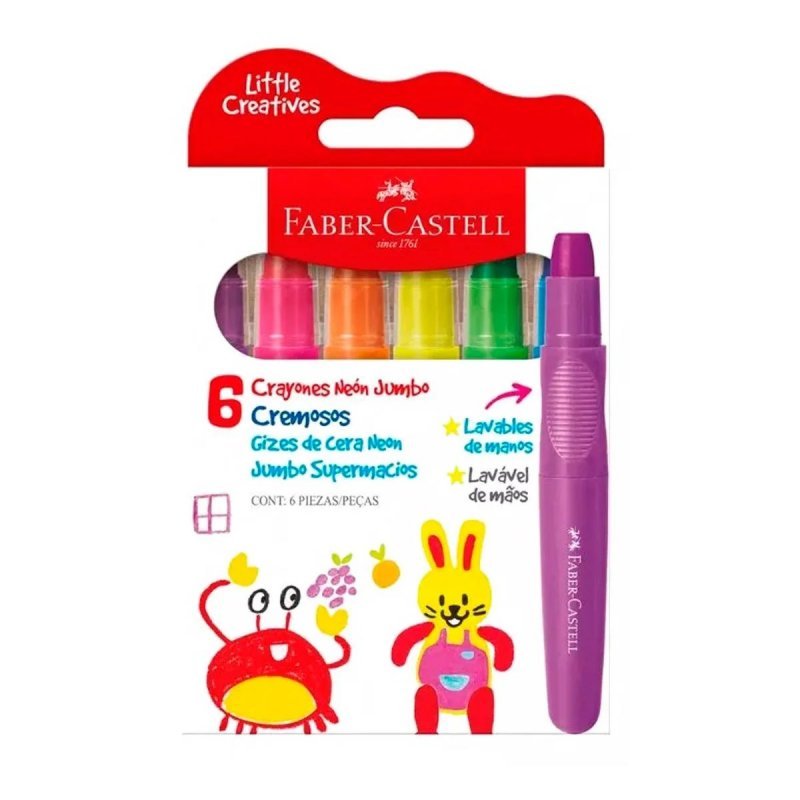 GIZ DE CERA JUMBO 06 CORES NEON LITTLE CREATIVES - FABER CASTELL Lojas Encopel