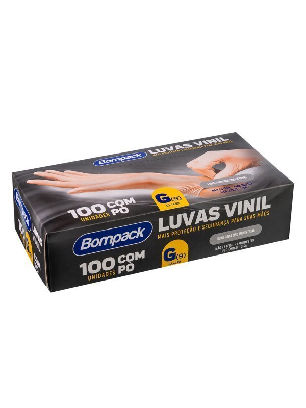  LUVAS DE VINIL COM PÓ TAMANHO G COM 100 UNIDADES - BOMPACK  Lojas Encopel