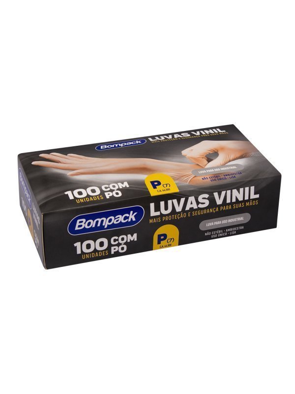 LUVAS DE VINIL COM PÓ TAMANHO P COM 100 UNIDADES - BOMPACK Lojas Encopel