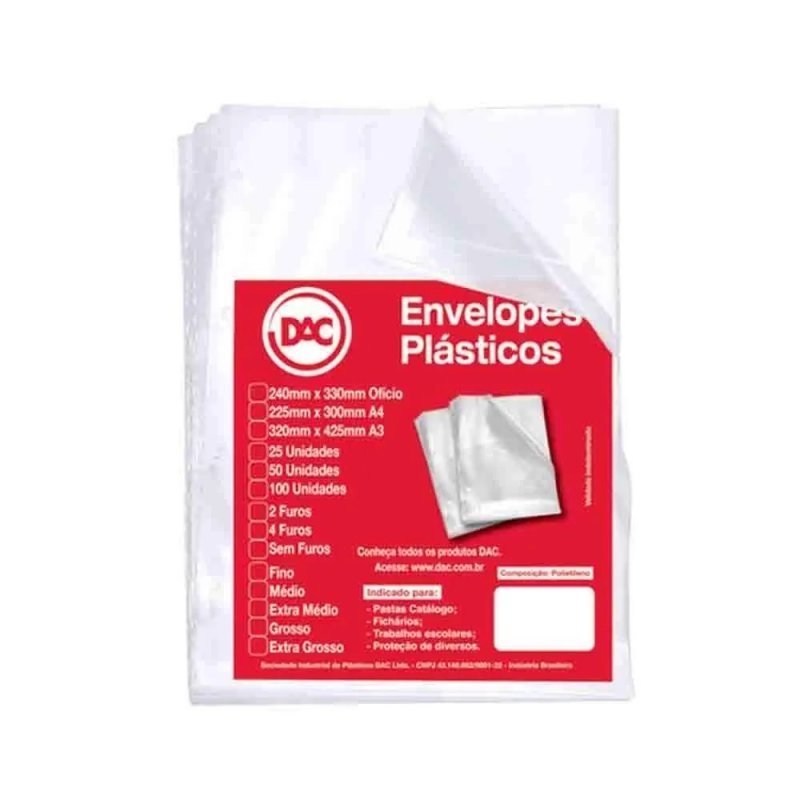 ENVELOPE PLÁSTICO A3 MÉDIO 31X42 C/ 4 FUROS PACOTE COM 50 FOLHAS - DAC Lojas Encopel